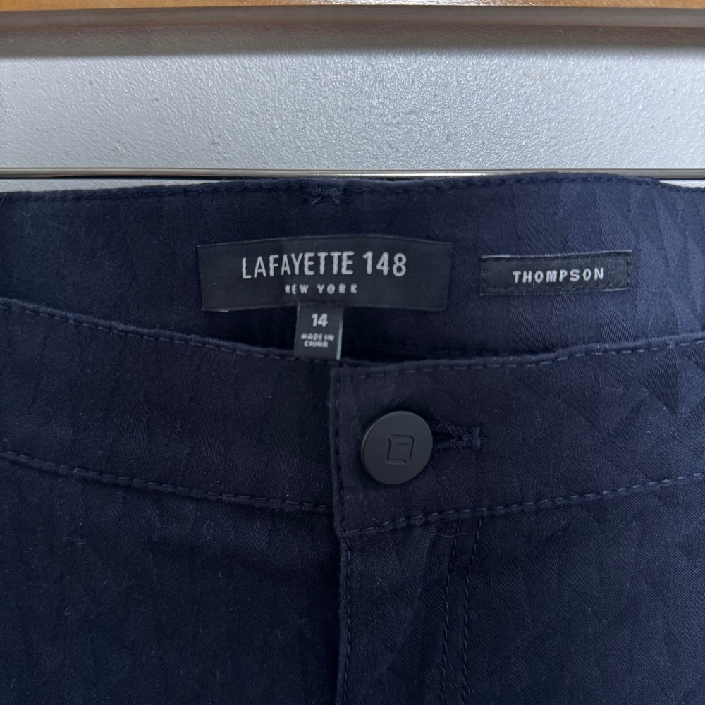Lafayette 148 Thompson Pants Womens 14 Navy Blue Geometric Jacquard Slim Leg - Picture 3 of 6